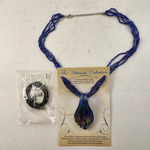 Art Glass Teardrop Pendant Necklace Artisan Beads Cord Curved Cap Statement - Picture 2 of 9